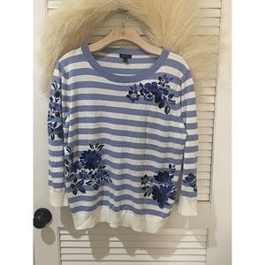 Talbots ladies size L knit top with Blue white floral and stripe print blouse